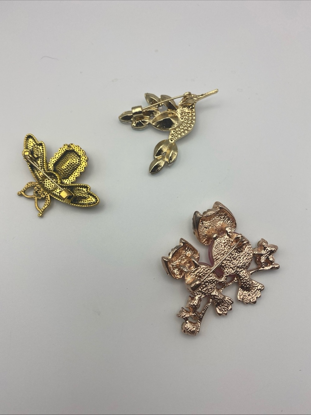 Pink Owl, Iridescent Hummingbird & Gold Bee Brooch Set - Picture 2 of 6